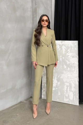 Msm Fashion Kadın İkili Blazer Ceket Pantolon Takım Pile Ve Düğme Detaylı Boru Paça Açık Haki