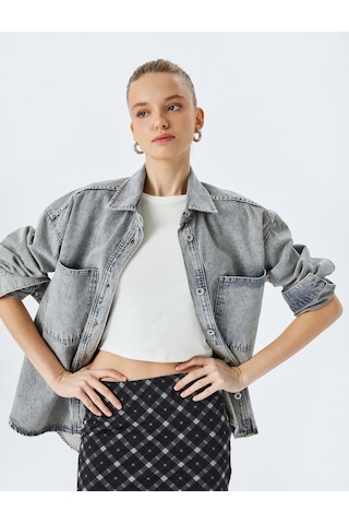 Koton Oversize Düğmeli Cep Detaylı Yıkamalı Denim Shacket Gri 5sal60007md Gri