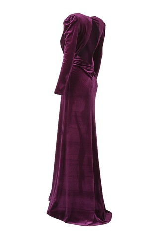 Explosion Maxi Kadife Abiye - V Yaka Uzun Kol Erik