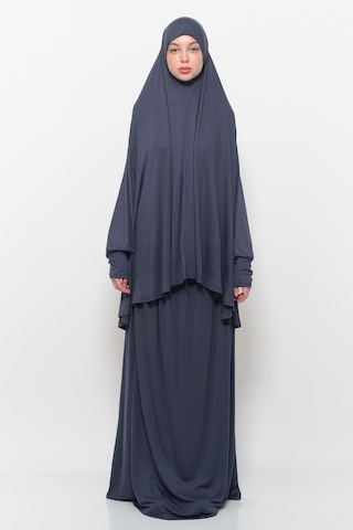 Pratik 2 Parça Pamuklu Yarasa Kollu Başörtülü Tesettür Namaz Elbisesi Füme Antrasit
