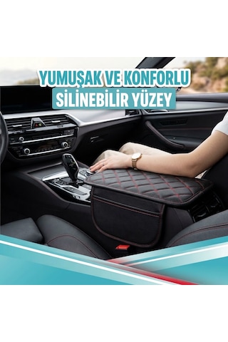 Ford Mustang Mach-e Uyumlu Cepli Deri Kolçak Minderi Koruyucu Örtü Siyah Deri Kırmızı Dikiş