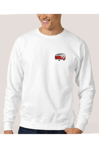 Araba Minibüs Kırmızı T2 Baskılı Beyaz Erkek Örme Sweatshirt