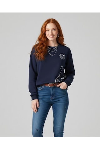 Elora Unisex Erkek/kadın Ok Bear Özel Renkli Baskılı Oversize Bisiklet Yaka Sweatshirt Lacivert