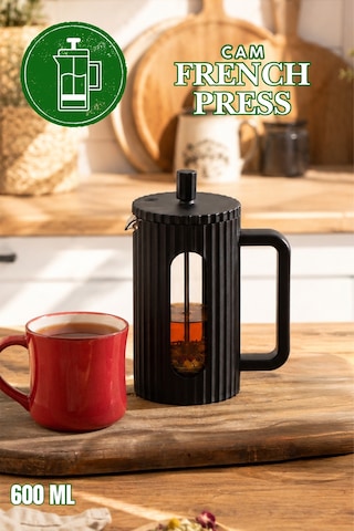 Porsima Smartpan Bv093 French Press Paslanmaz Çelik Süzgeçli Cam Bitki Çayı Demliği Kahve Presi - 600 Ml Siyah