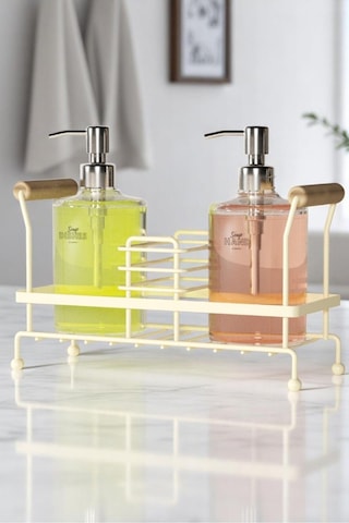 Suntel 2 Li Metal Standlı Plastik Sıvı Sabun Şişesi Sabunluk 500 Ml Krem Bej