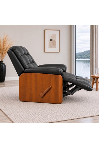 Smarto Relax Ceviz Ahşap Yan Panelli Gerçek Deri Manuel Mekanizmalı Yatar Ayak Uzatmalı Ergonomik Tv Koltuğu Baba Koltuğu Siyah