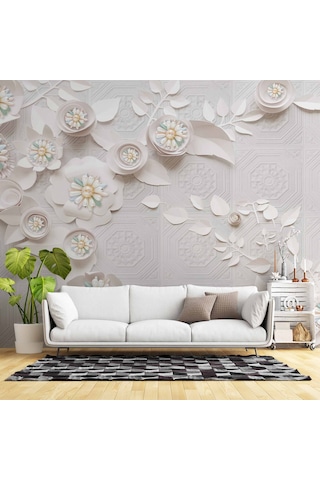 3 Boyutlu Beyaz Çiçek İnci Motifli Duvar Kağıdı Baskı 1 M²