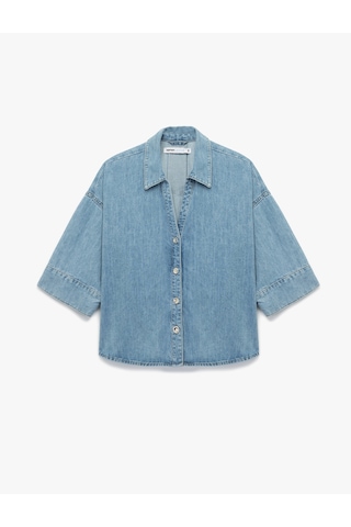 Koton Oversize V Yaka Pamuklu Yarım Kollu Jean Gömlek Açık İndigo 7wal60001md