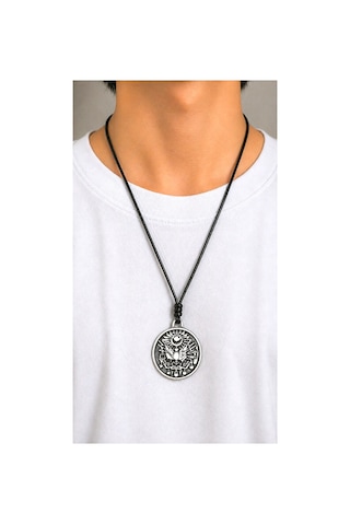 Kore İp Askılı Ve Krom Çelik Kaplamalı Unisex Tribal Kolye Gümüş2
