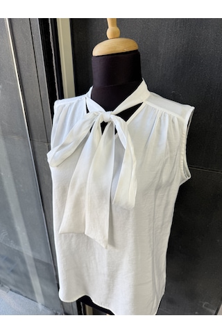 Pera Moda Sıfır Kol Fularlı Modal Yazlık Kadın Gömleği Beyaz