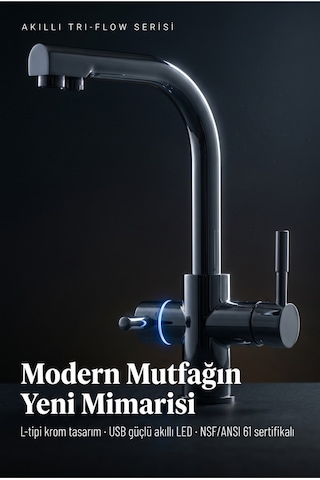Likuan Akıllı 3 Yollu Tri-flow Mutfak Bataryası Sıcak/soğuk Filtreli + Şebeke Led Renk Göstergeli L-tipi Krom Gümüş