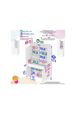 Eliusta Funci Beyaz Renk G:65 Cm Banyo Dolabı 3 Kapaklı 7 Raflı Dolap 65x173x32,5 Cm Boyutlarında Dolap Beyaz