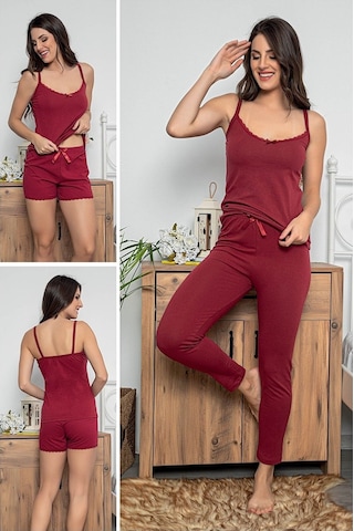 Myben Kadın Bordo Renkli Dantel Detaylı Şortlu Ve Taytlı Pijama Takımı 3'lü Set 75018 Bordo