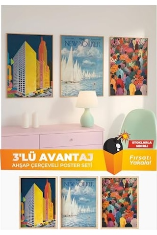 3'lü Ahşap Çerçeveli Poster Seti New Yorker & Şehir Manzaralı Retro Sanat Koleksiyonu Çok Renkli 21 X 30 Genel