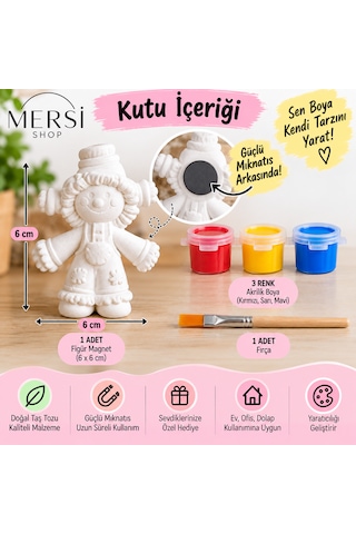 Kendin Boya Magnet Seti 6x6 Cm Taş Tozu Figür 3 Renk Akrilik Boya Ve Fırça