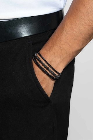 Gri Hematit Taşlı Ayarlanabilir Erkek Çelik Üçlü Bileklik Seti Siyah