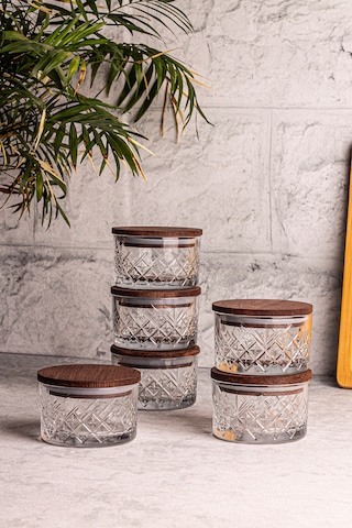 Snippy Milla 6'lı Ahşap Vakumlu Kapaklı Cam Kahvaltılık Ahşap - Şeffaf