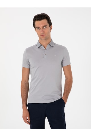 Taş Slim Fit Desenli Polo Yaka T-shirt Gri
