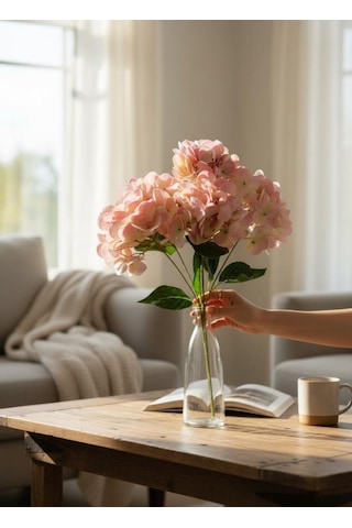 Yapay Çiçek Islak Ortanca Çiçeği Pembe Açık 45cm 5dal Islak Gerçeksi Dokulu Pembe