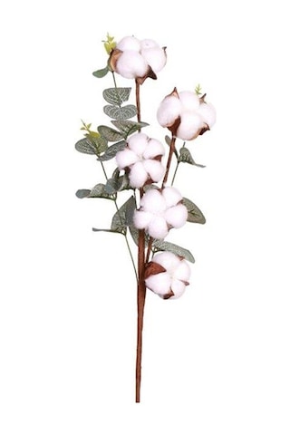 4 Adet Okaliptuslu Doğal Pamuk Çiçeği Dalı 5Li Kuru Çiçek Yapay Ç