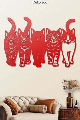 Kedi Çetesi Beşli Kedi Silüeti Metal Duvar Dekoru - Metal Duvar Sanatı - Kırmızı - 30 X 20 Cm