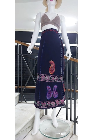 Bohem Stil Hint Batik Çiçek Desenli Ve İşlemeli Uzun Hint Anvelop Etek Lacivert