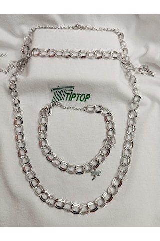 Tiptop/ Gümüş Renk Samanyolu Zincir Çelik Choker Kolye - Bileklik- Halhal Set Gümüş