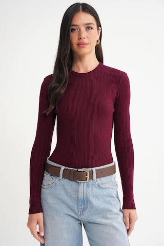 Mixray 6938 Kadın Bisiklet Yaka Fitilli Triko Body Bordo