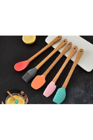 Zhlhome Renkli Bambu Saplı Silikon Uçlu Spatula 5li Set Ahşap