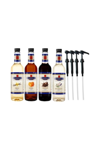 Kahve Ve Kokteyl Şurubu 700 Ml 4'lü Set Karamel+vanilya+çikolata+beyaz Çikolata + 4 Adet Pompa