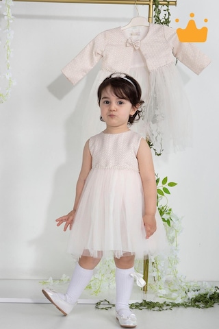 Babyhola Minimony 6-24 Ay Mine Desen Ceketli Kız Bebek Çocuk Bayramlık Abiye Gelinlik Elbise Takım 1013 Pudra