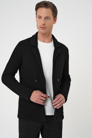 Efor Kruvaze İlikleme Torba Cep Siyah Örme Triko Ceket 01 Siyah
