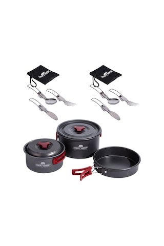 11 Parça Kamp Tencere Tava Ve 2 Çatal Kaşık Bıçak Seti TT-CKB2-2891 Açık Gri