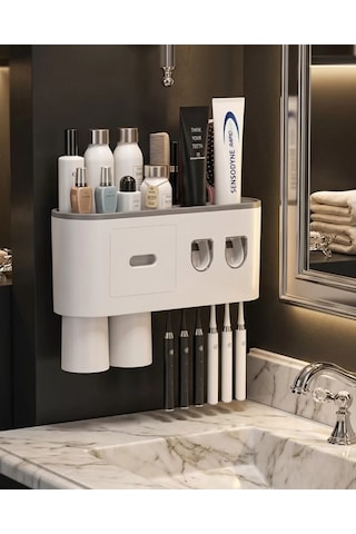 Northcity Çift Dispenserli Diş Macunu Sıkacağı 6 Fırçalık Banyo Organizer - Duvar Montajlı Hijyenik Çözüm Beyaz