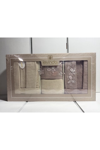 Levinda 3d Nakışlı Bornoz Takımı Bej-mürdüm
