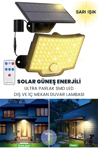 Technojet 106 Led Solar Duvar Lambası Smd Sarı Işık, Kumandalı, 3 Modlu, Ip65 Bahçe Aydınlatma