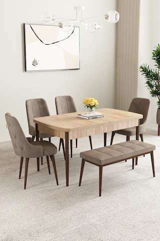 Clara Meşe Desen 80x132 Açılabilir Mdf Masa Yemek Odası Takımı,mutfak Takımı 4 Sandalye 1 Bench Cappucino