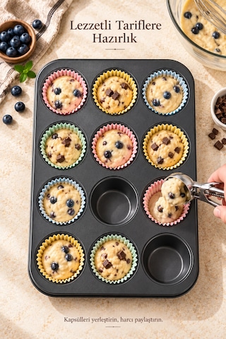 Tilbe Home 2li Muffin Kek Kalıbı Cupcake Yanmaz Yapışmaz Kurabiye Kalıbı Fırın Çörek Browni Kapsül Tepsisi Siyah