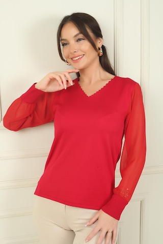 By Saygı Kadın Merdiven V Yaka Kolları Şifon Kazak-39587 Kırmızı
