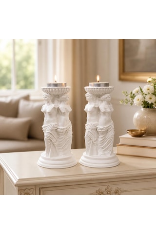 Yunan Üç Güzeller Tealight Mumluk Seti 2 Li, 16 Cm Taş Tozu Beyaz Heykel Mumluk, Antik Mitoloji Ev Dekoru