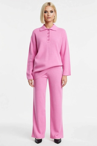 Benerly Kadın Alt Üst Polo Yaka Fitilli Triko Kazak Geniş Paça Pantolon T Pembe