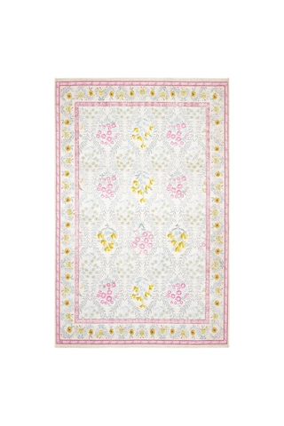 Cool Halı Daisy Krem Pembe Bohem Halı Dekoratif Vintage Otantik Çiçekli İnce Yıkanabilir Şönil Halı
