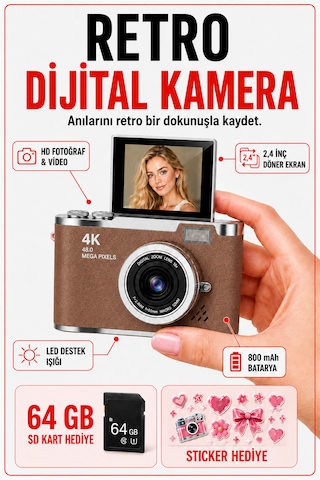 Solvis SOLVİSPR Dijital Retro Fotoğraf Makinesi + 64 GB Sd Kart