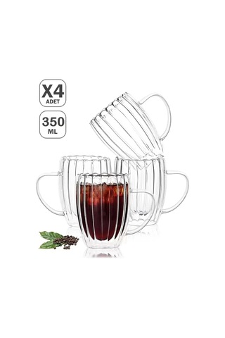 4lü Çift Cidarlı 350 Ml Kulplu Isıya Dayanıklı Cam Bardak Burgulu Çay Süt Kahve Kupası Bardağı Set
