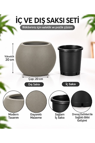 Grej Vizon Dekoratif Saksı Seti İç Ve Dış Saksı, Drenaj Delikli İç Saksılı Modern Yuvarlak Saksı -
