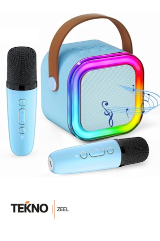 Teknozeel Çift Mikrofonlu Karaoke 5 Ses Efektli Rgb Işıklı Bluetooth Kablosuz Hoparlör Ses Bombası Mavi Renk