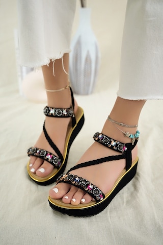 Khayt Claire Anatomik Fashion Taşlı Günlük Kadın Sandalet Siyah