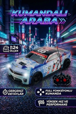 Vardem 1:24 Ölçek Uzaktan Kumandalı Araba Full Fonksiyonlu Yarış Arabası Cool Wind Mavi Beyaz