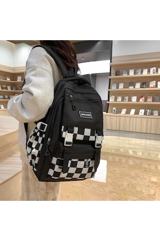 Novahub Siyah Dama Tahtalı Çanta Desenli Okul Çantası Kız Öğrenci Sırt Çantası Ortaokul Kadın Sırt Çantası Siyah