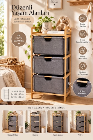 Porsima 2059 3 Katlı Ahşap Çok Amaçlı Çekmeceli Organizer Dolap